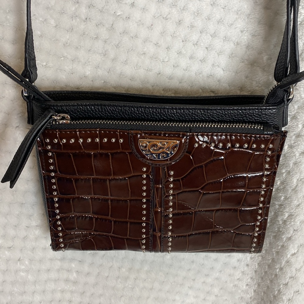 Brighton Brown Croc-Embossed Leather Crossbody with Silver Studs